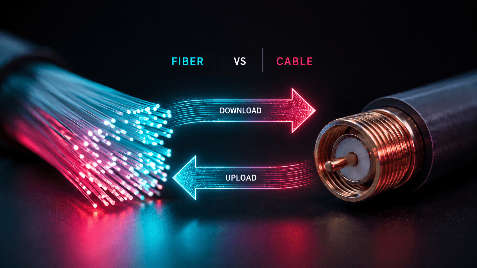 Glowing fiber-optic strands beside a copper coaxial cable