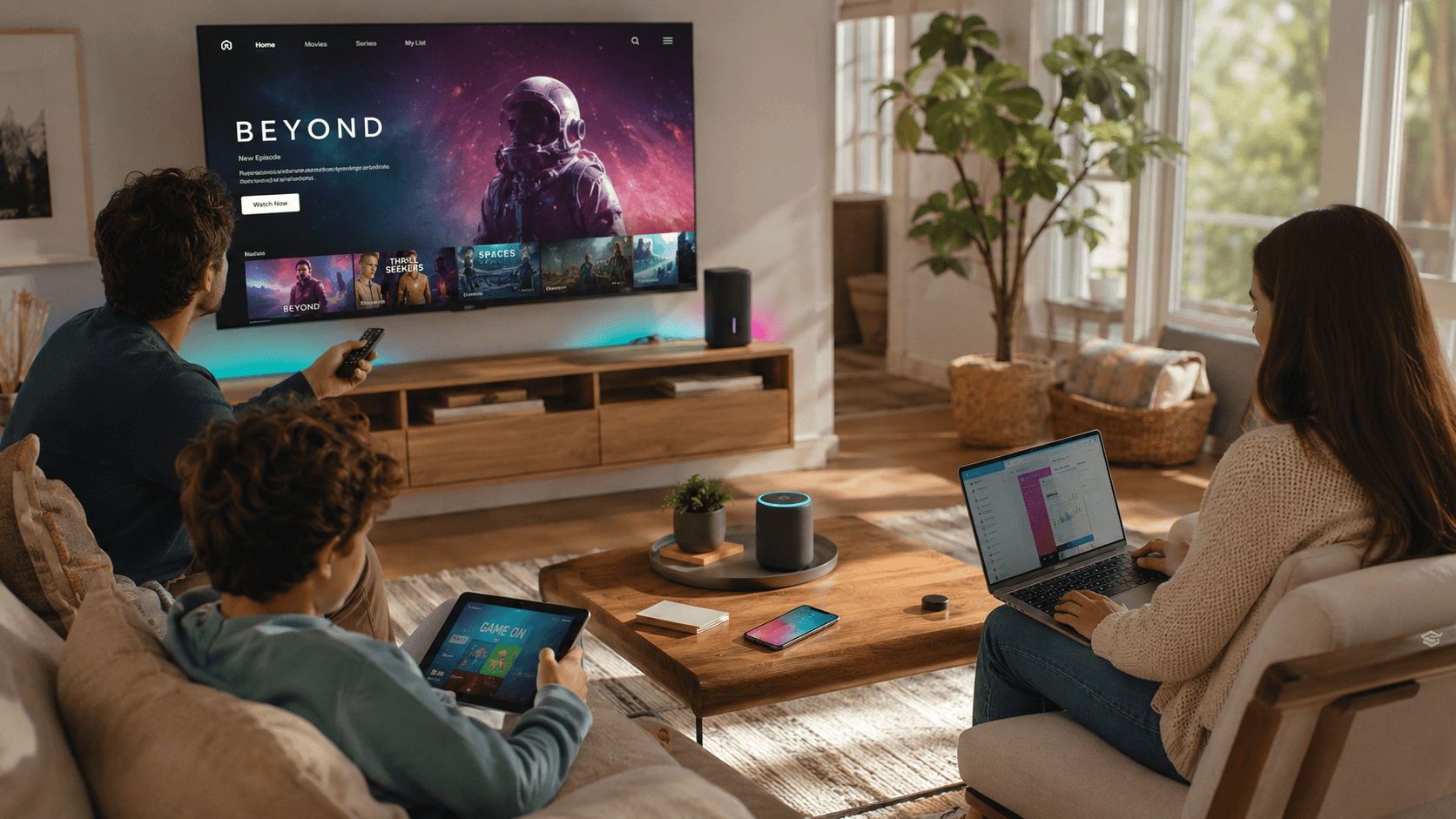 A connected household streaming and working across several devices at once