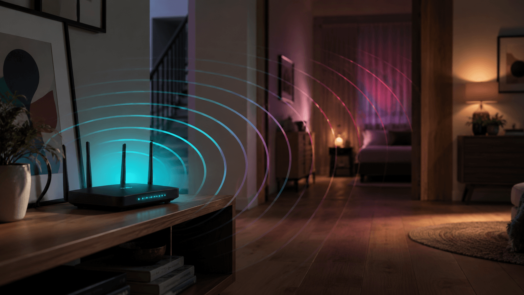 A home Wi-Fi router with signal weakening toward a distant back bedroom
