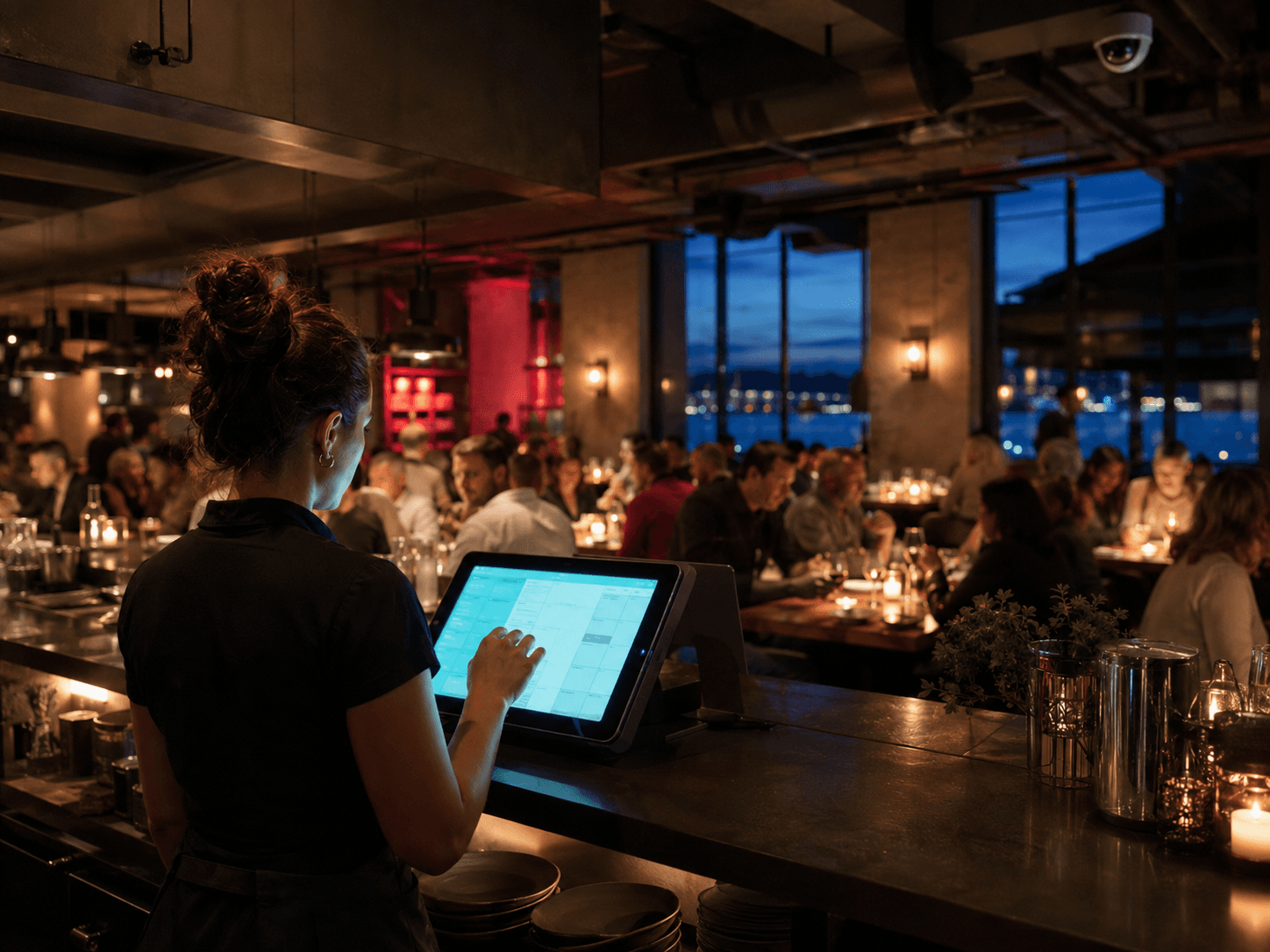 A server enters an order on a point-of-sale tablet during the dinner rush