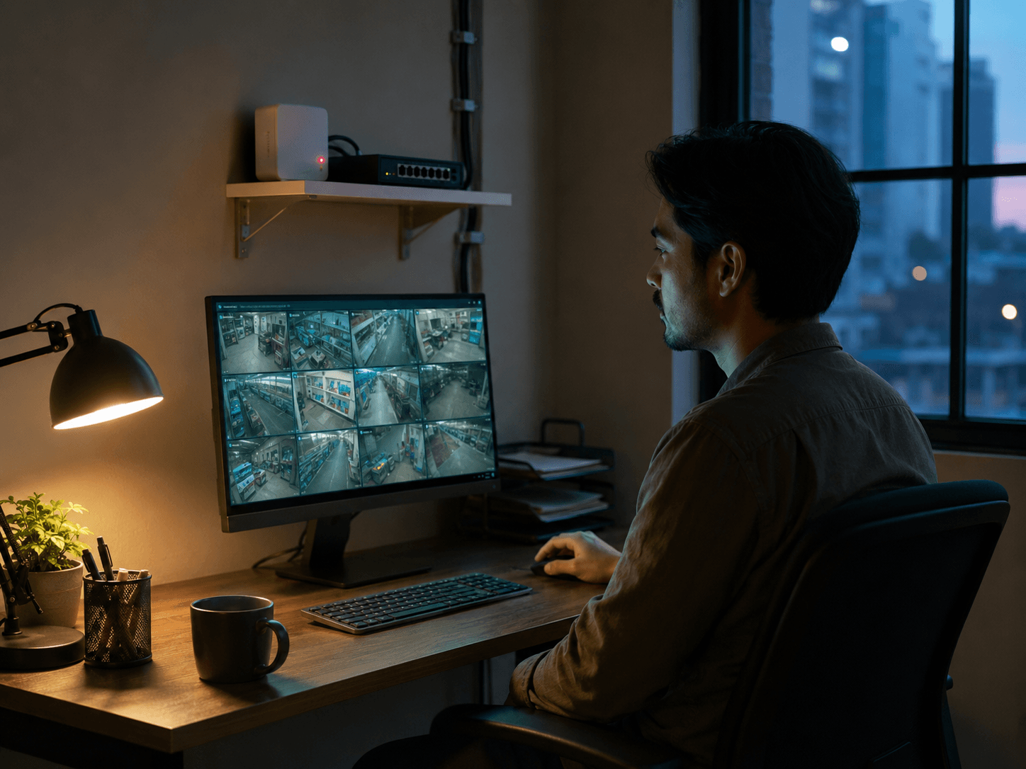 A business owner checks security camera feeds beside a small network shelf