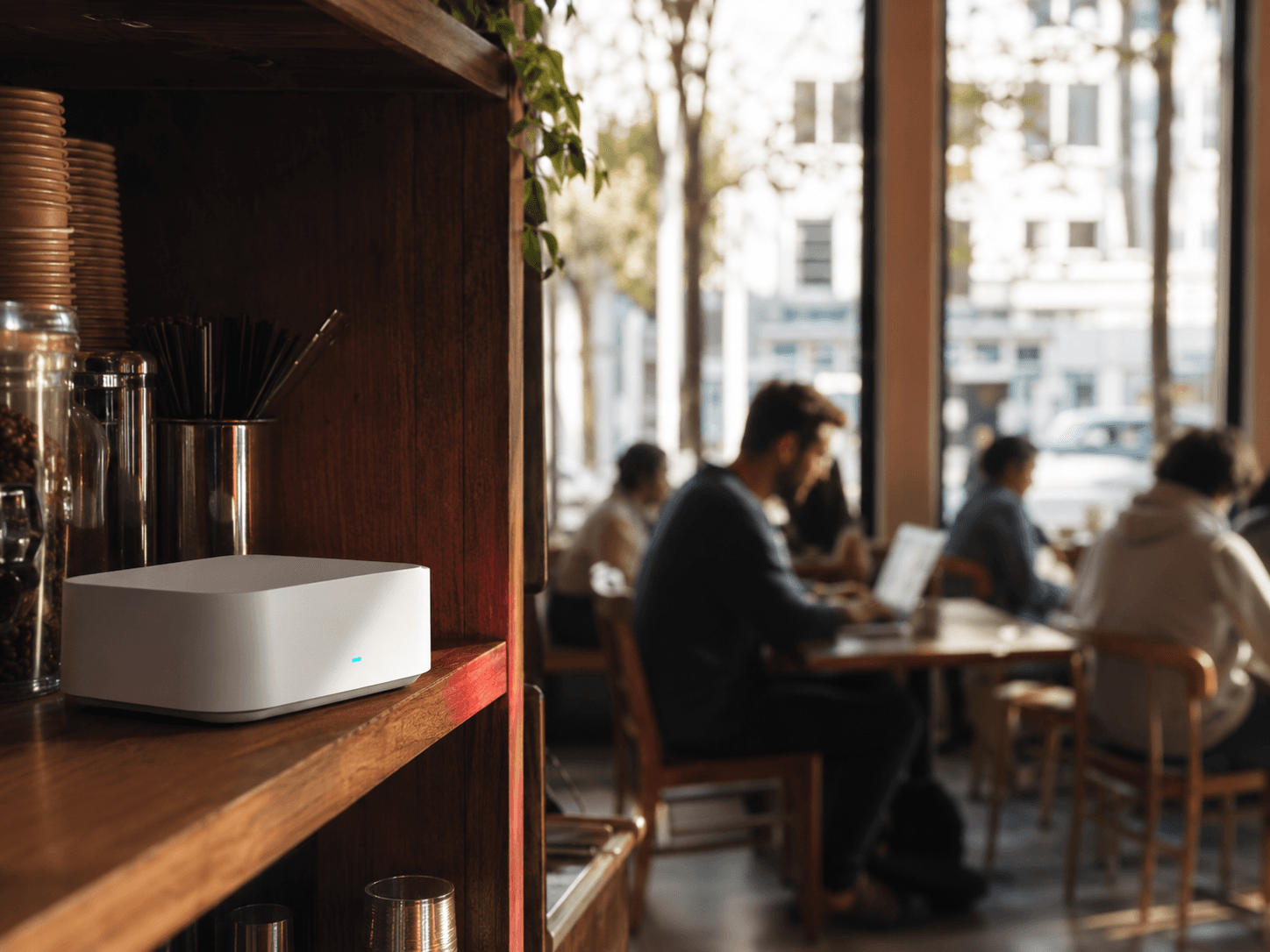 A compact WiFi router on a café shelf with customers working beyond