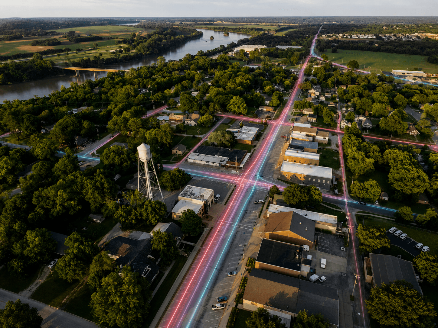 Aerial photo of De Soto with a glowing fiber network tracing its streets