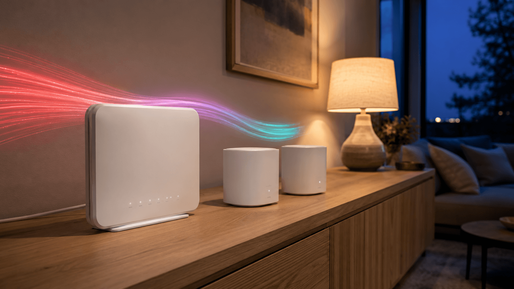 A fiber router and two mesh WiFi units lined up on a sideboard in a living room at dusk
