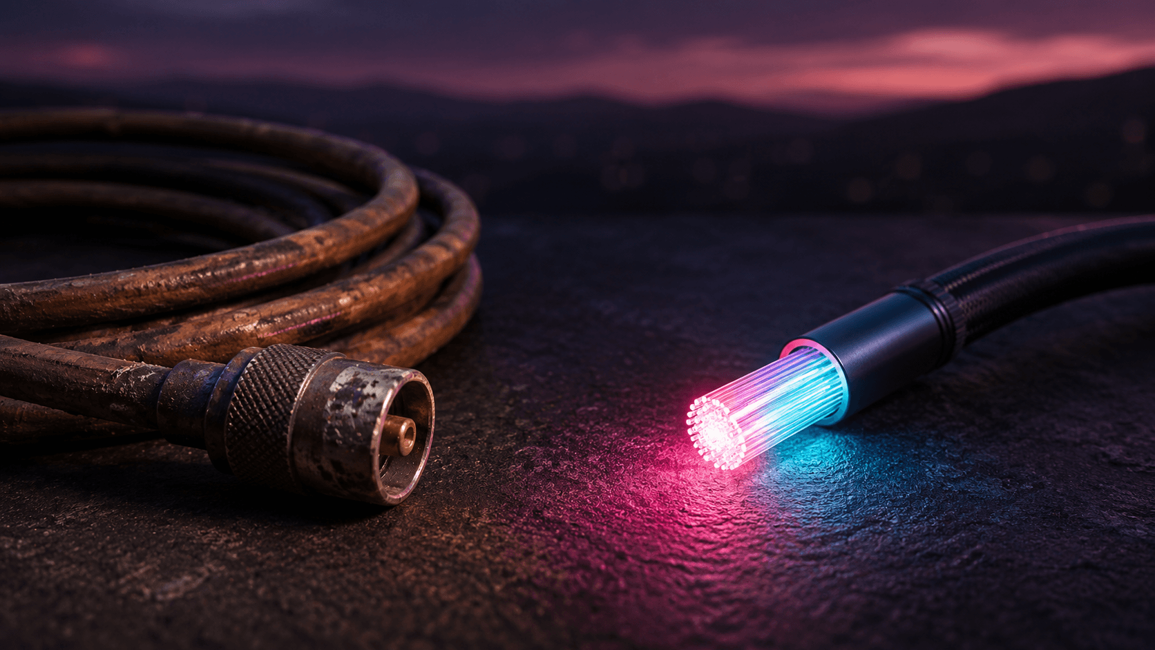 An old coiled coaxial cable beside a glowing modern fiber-optic cable on a dark surface