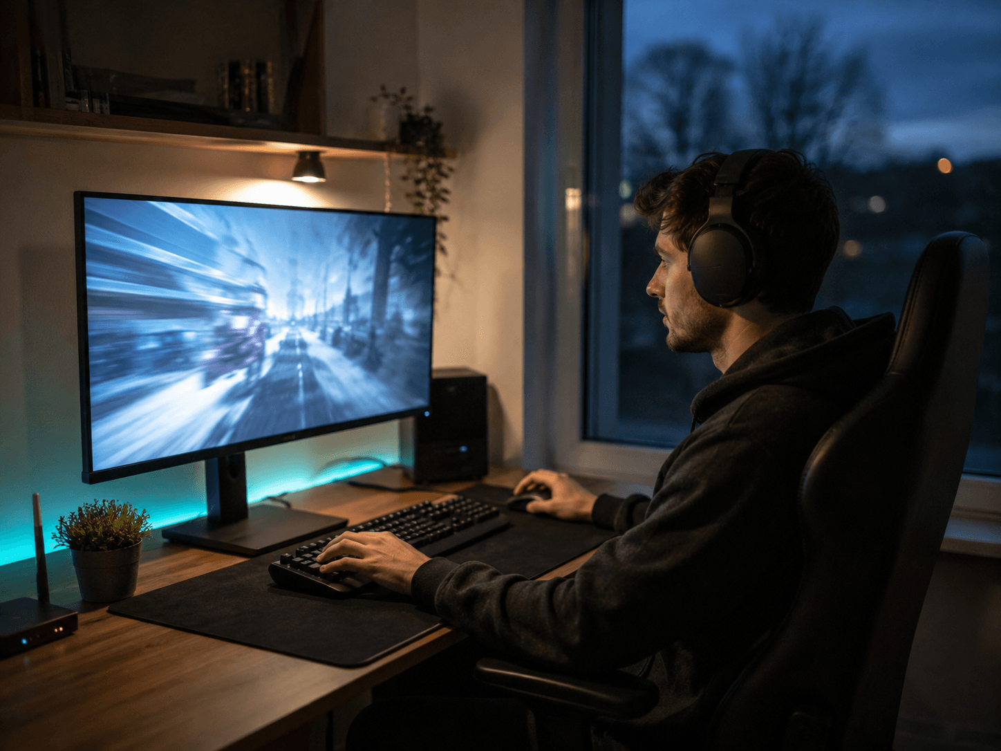A gamer at a desk at dusk, monitor glow on their face, teal accent light behind