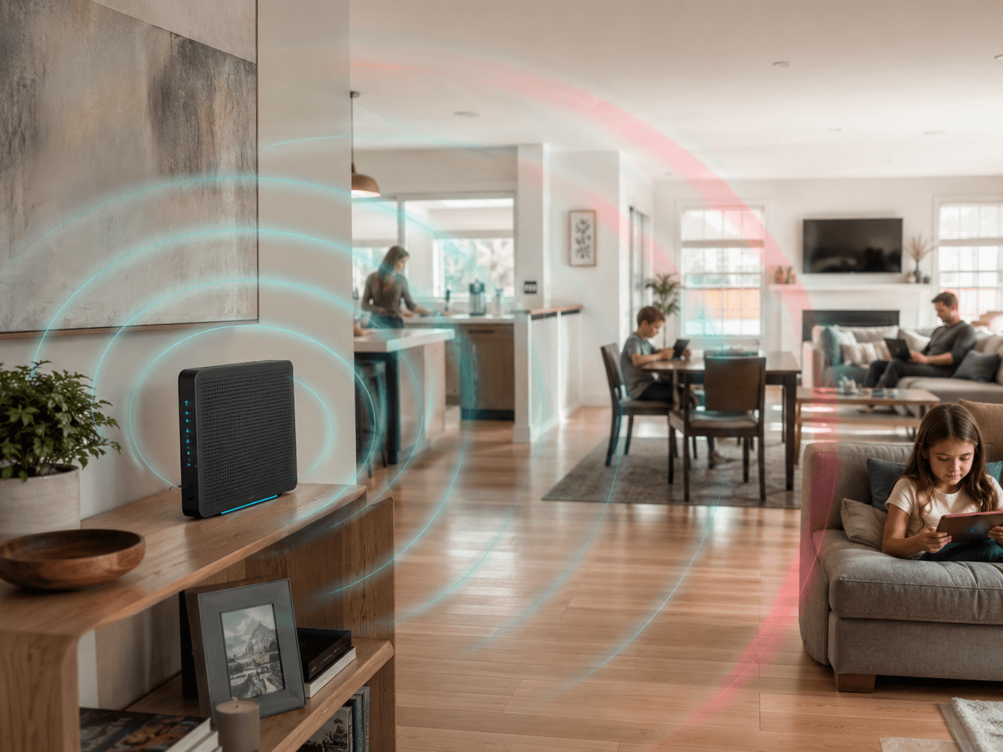 Whole-home WiFi signal reaching every room while a family uses their devices