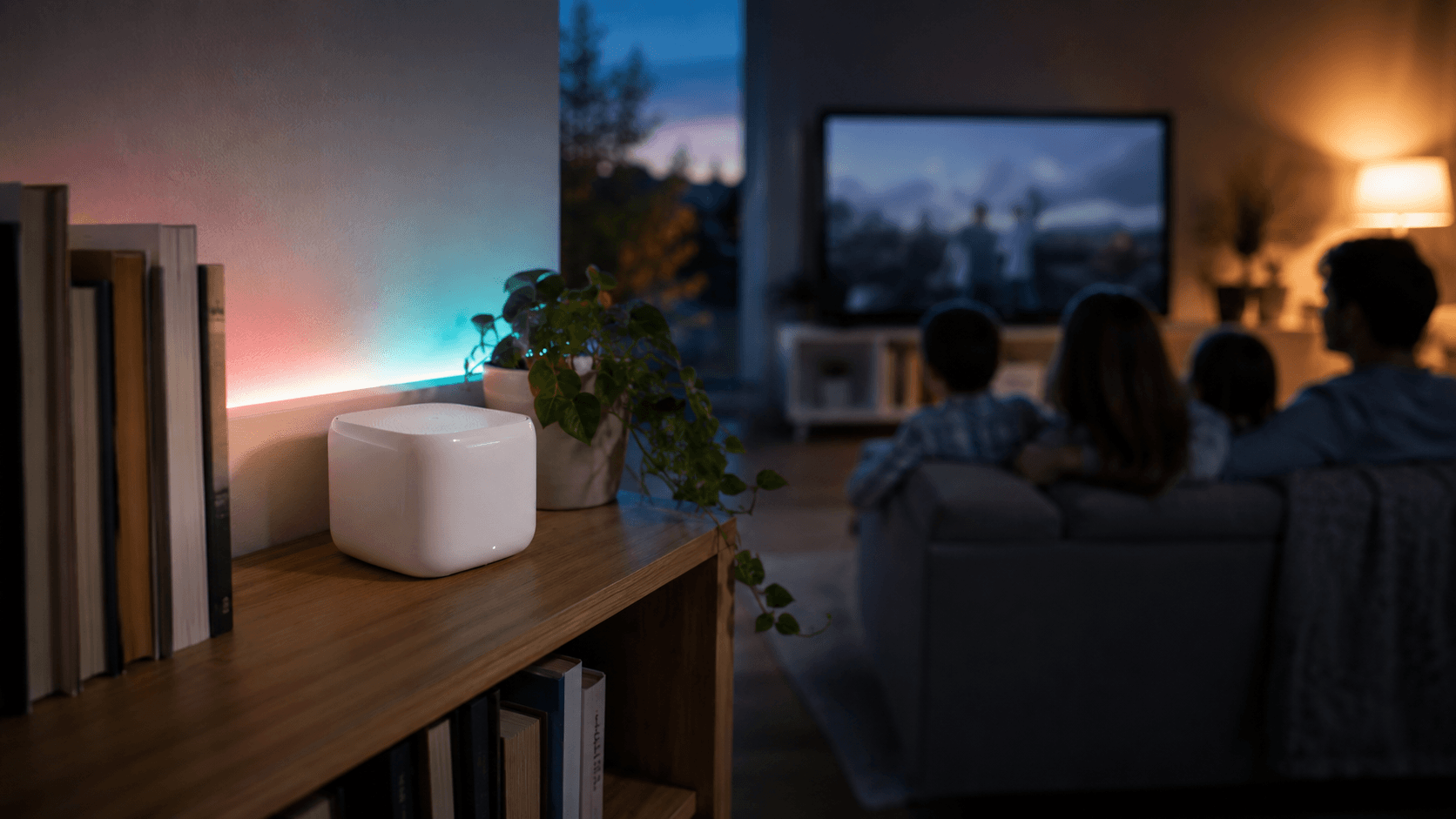 A mesh WiFi unit on a bookshelf with a softly lit living room beyond