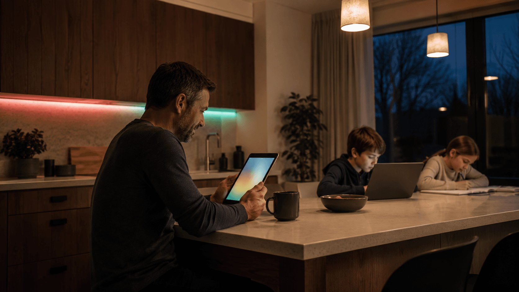 A family manages device screen time from a tablet at the kitchen counter in the evening